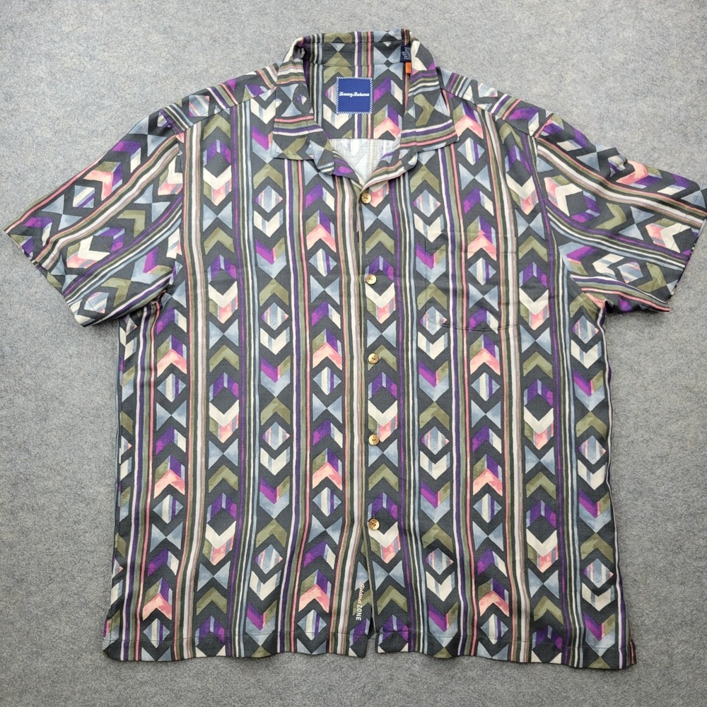 Tommy Bahama Shirt Mens 2XL Geometric Silk IslandZone Button Front Short Sleeve